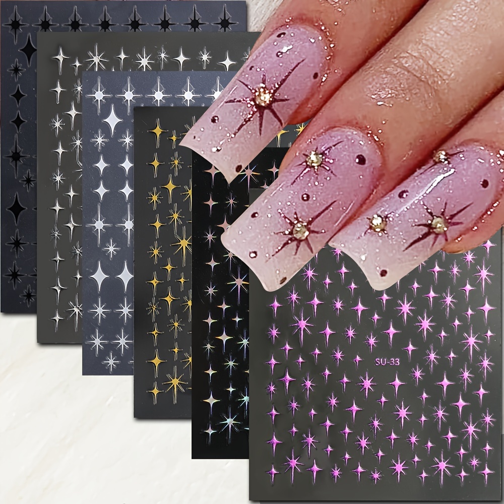 

6-pack Fantasy Star Pattern Nail Art Stickers & Decals, Matte Glitter Self-adhesive Striped Plastic Embellishments For Glass, Single Use, Unscented - Star Shaped Fantasy Theme Nail Decals