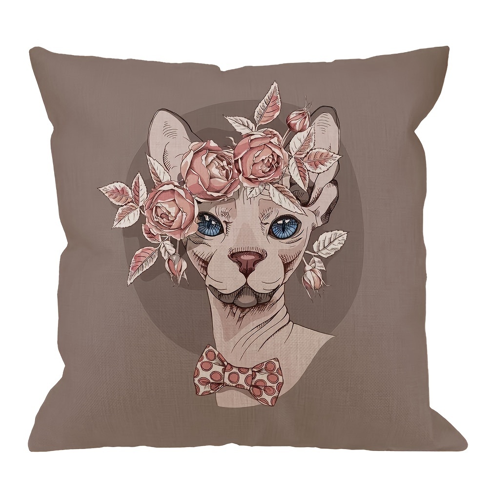 

1pc Cat Pillow Cover, Funny Sphynx Cat In A Rose Flower Wreath And In A Polka Dot Bow Tie Cotton Linen Cushion Covers Home Decorative Throw Pillowcases 18x18 Inch
