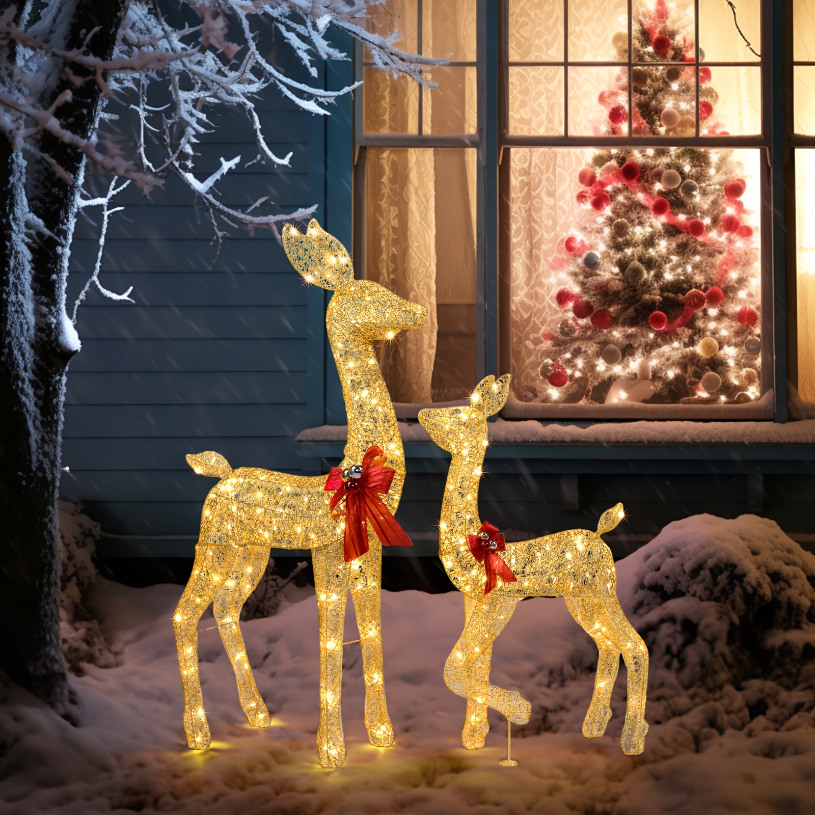 

Christmas Elk Decoration 2pcs 73*27*136cm Gold Color Doe Set With 210l Lights 30.00v 6.00w