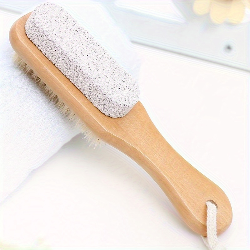 

2-in-1 Foot Pumice Stone And Brush, Natural Wooden Handle For Exfoliating And Massaging, Pedicure Tool For Dead Skin Removal With Rope Hanger