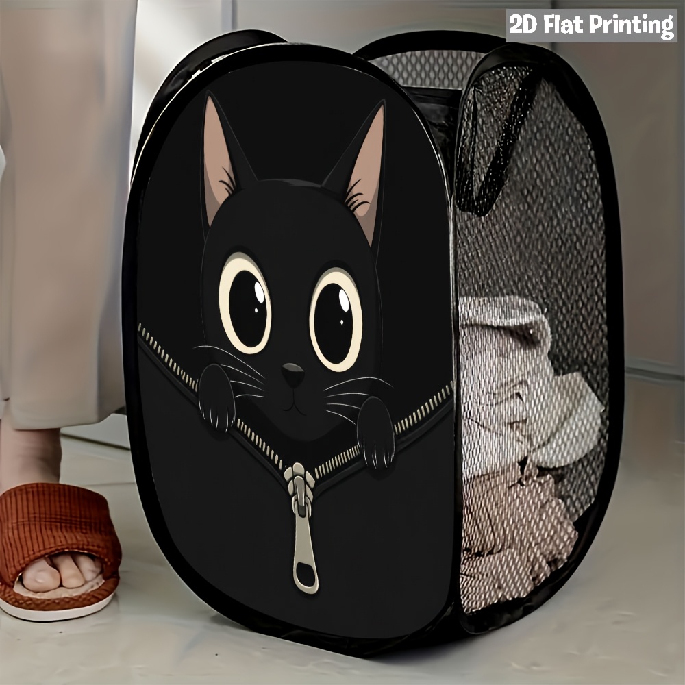 TEMU 2d Flat 1pc Black Cat Mesh Pop-up Laundry Hamper - Sturdy And Space-saving For Efficient Laundry Organization, 2d Flat