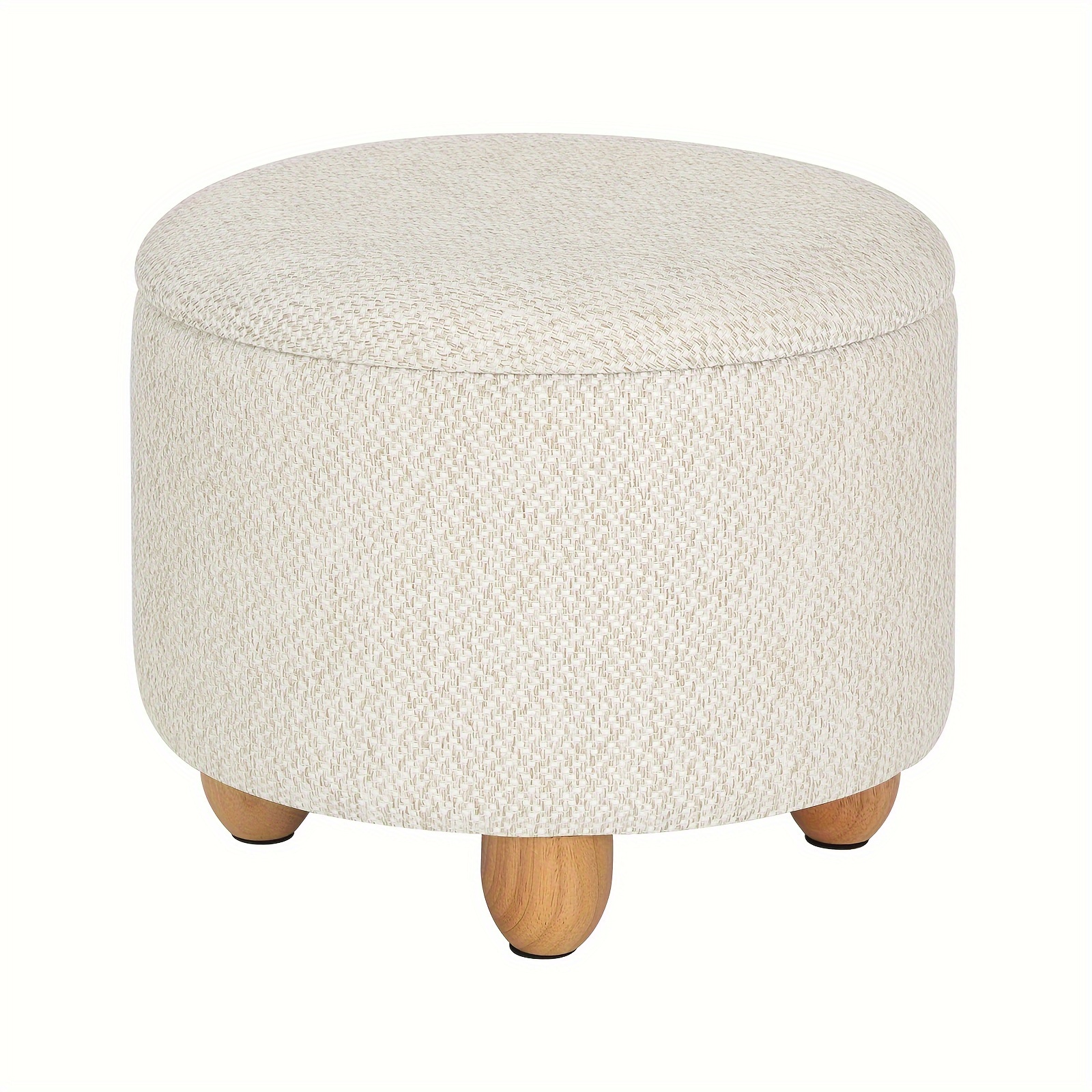 1pc Stool With Storage Space, Round Stool, Footstool With Linen Cover, Upholstered Stool With Solid Wood Legs, 39x39x33cm
