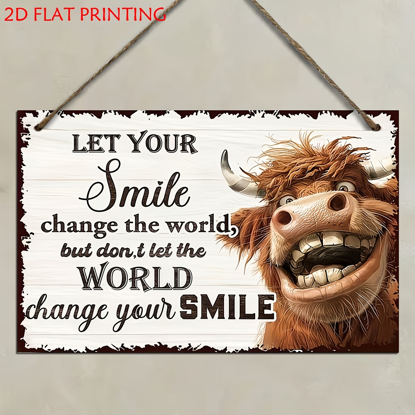 TEMU 2d Flat Printing, Highland Cow Wooden Wall Hanging 1pc, "let Your The World" - Rustic Scottish Cow Sign With English , Artificial Hanging Decor,