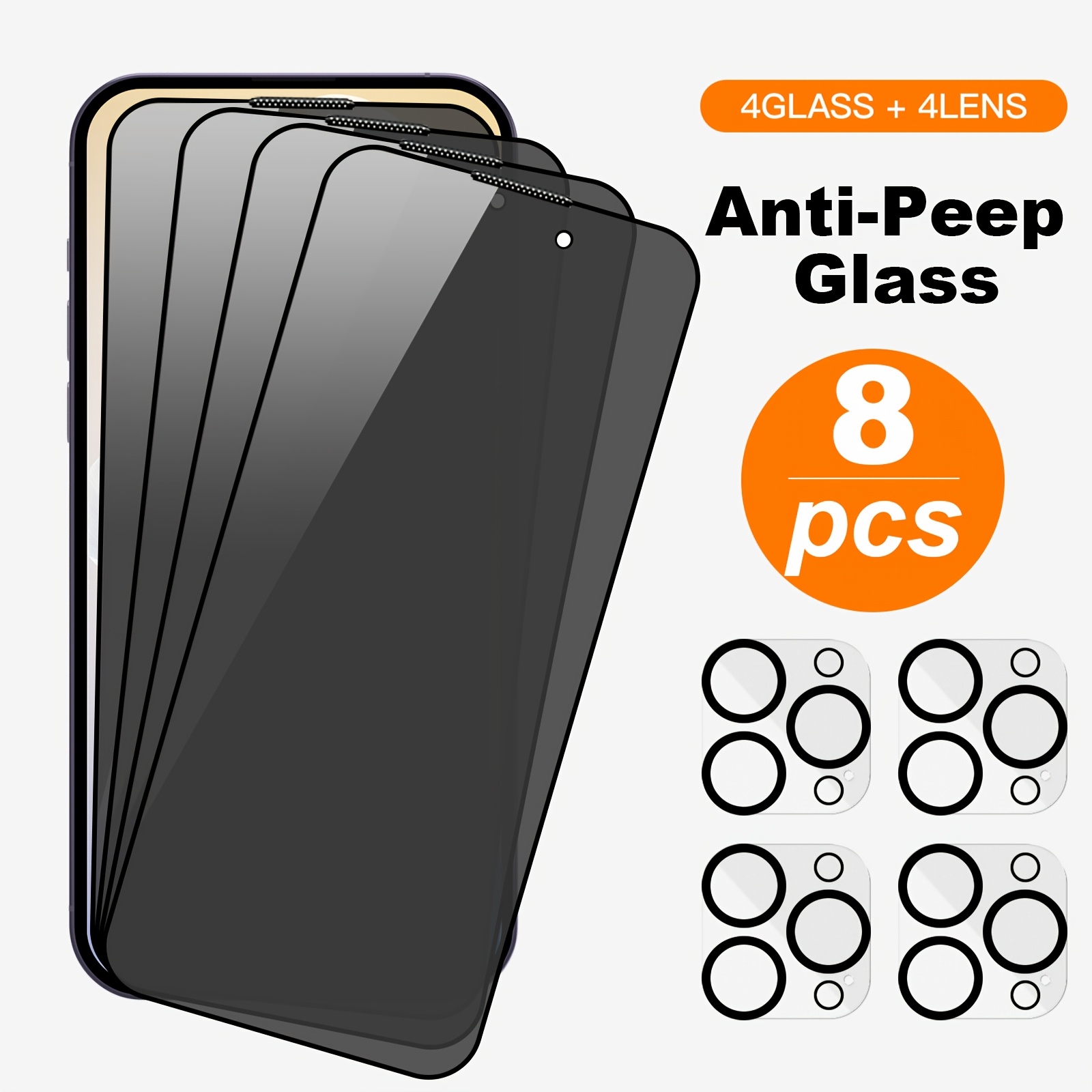 8pcs Full Coverage Anti-Peeping Tempered Glass For iPhone 15/14/13/12/11 Pro Max X XS XR XSMax Glass And Full Covergar Camera Lens Glass For iPhone 11 12 13 14 15 Pro Max X XS XR XSMax Glsas Film 14 15 Plus 9H Glass
