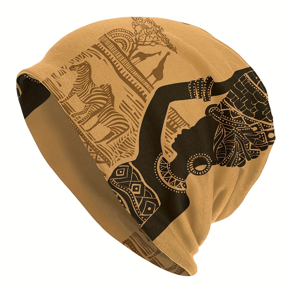 TEMU 1pc Unisex Lightweight African Tribal Print Beanie Hat - Elastic Polyester With Zebra & Giraffe , Yellow Cultural Design For Sports, Casual Wear
