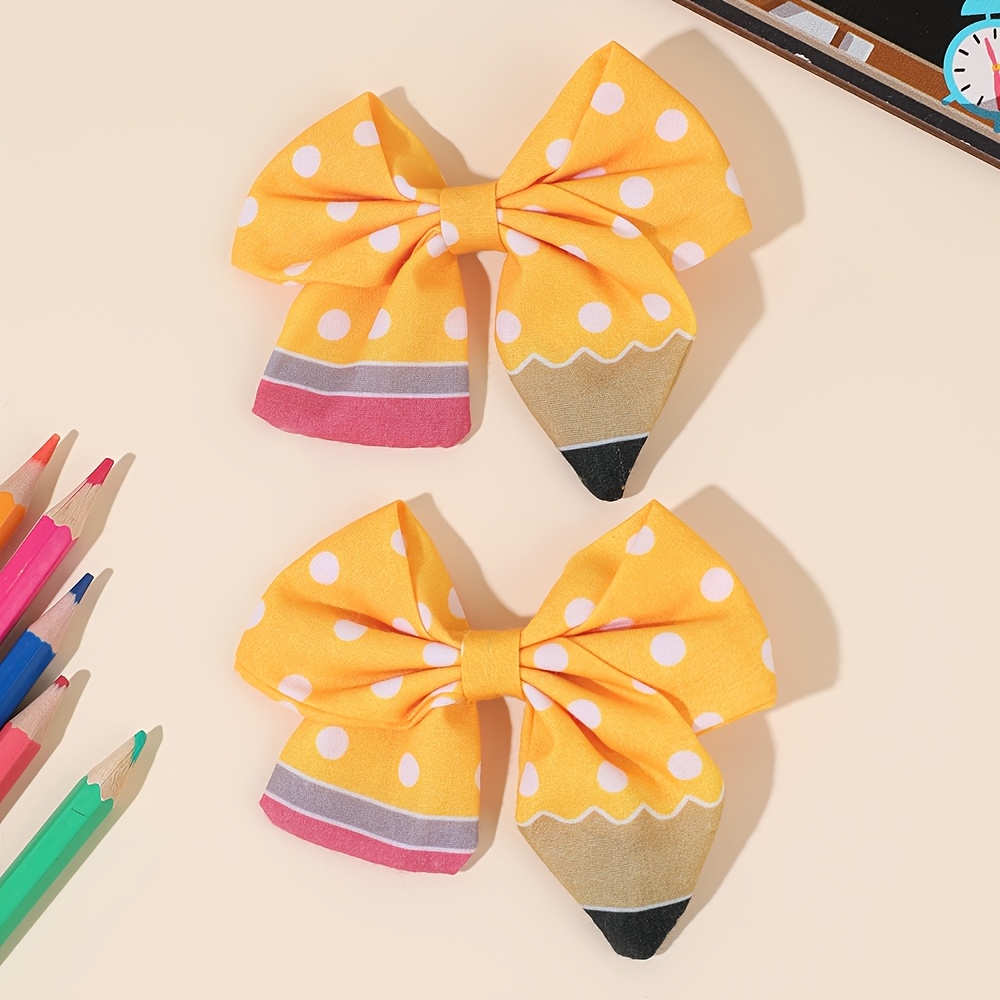 TEMU 2pcs Back To School Pencil Bow Hair Clips For Women Cute Yellow Polka Dot Ribbon Barrettes Durable Hair Accessories For Teachers & Students