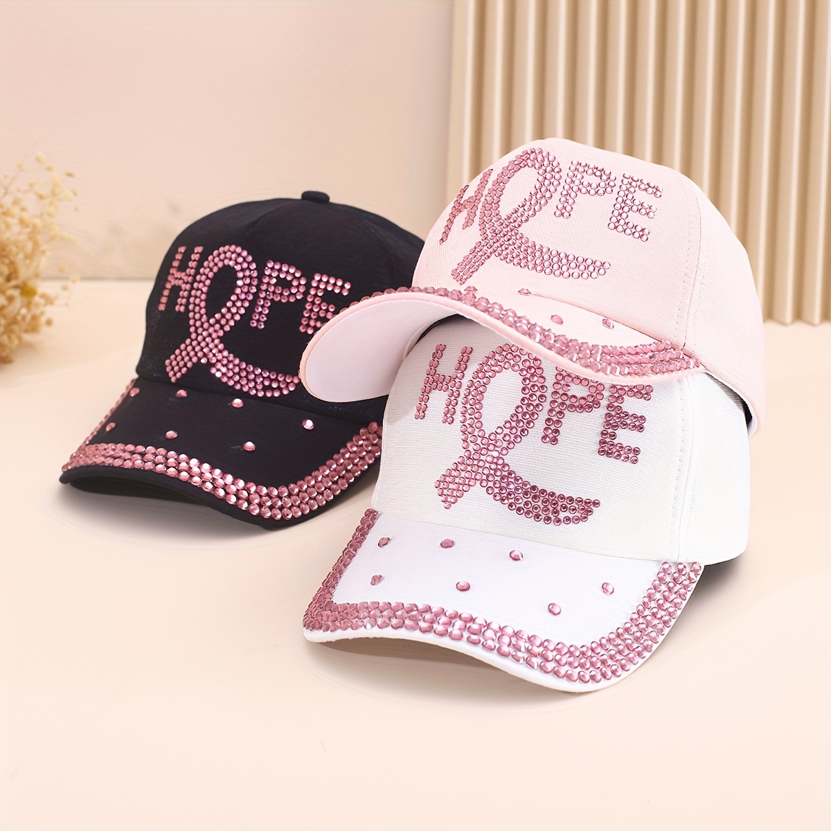 

Chic Pink Rhinestone Baseball Cap For Women - Adjustable, Lightweight Cotton Dad Hat With Breast Cancer Awareness Design