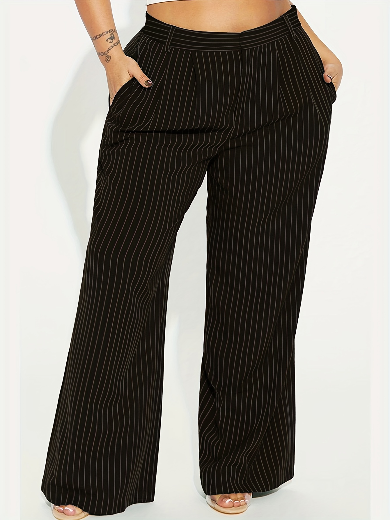 Women's Plus Size Casual Elegant Wide-Leg Pants Vertical Striped  Non-Stretch Fabric, Elastic Waistband, Straight-Leg Design for Fall/Winter,  Machine