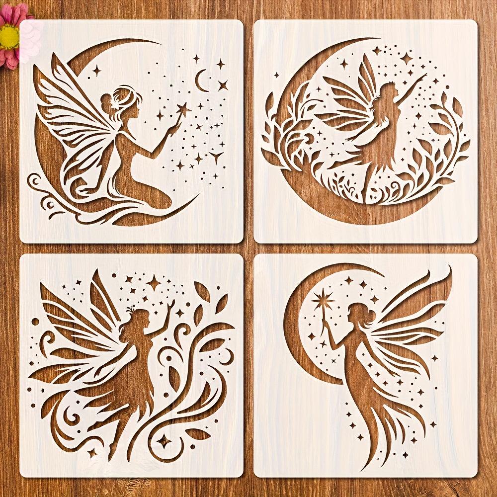 Image of 4pcs Reusable Fairy Templates, 6-inch Elf And Star Templates For Handmade, Plastic Wing Fairy Pattern Diy Drawing Templates For Wall Fabric Decoration And Art Projects