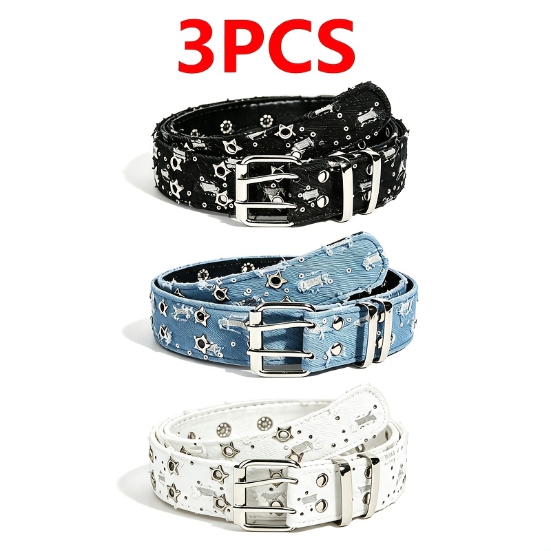 TEMU 3pcs Ceinture Punk Étoile Double Boutonnage, Version Coréenne Jeans, Ceinture Décorative Tendance pour Pantalons, Ceinture de