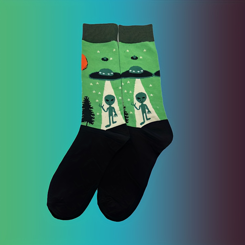 TEMU 1/2 Paire de nouvelles chaussettes unisexes à imprimé de dessin animé noir et vert, Halloween