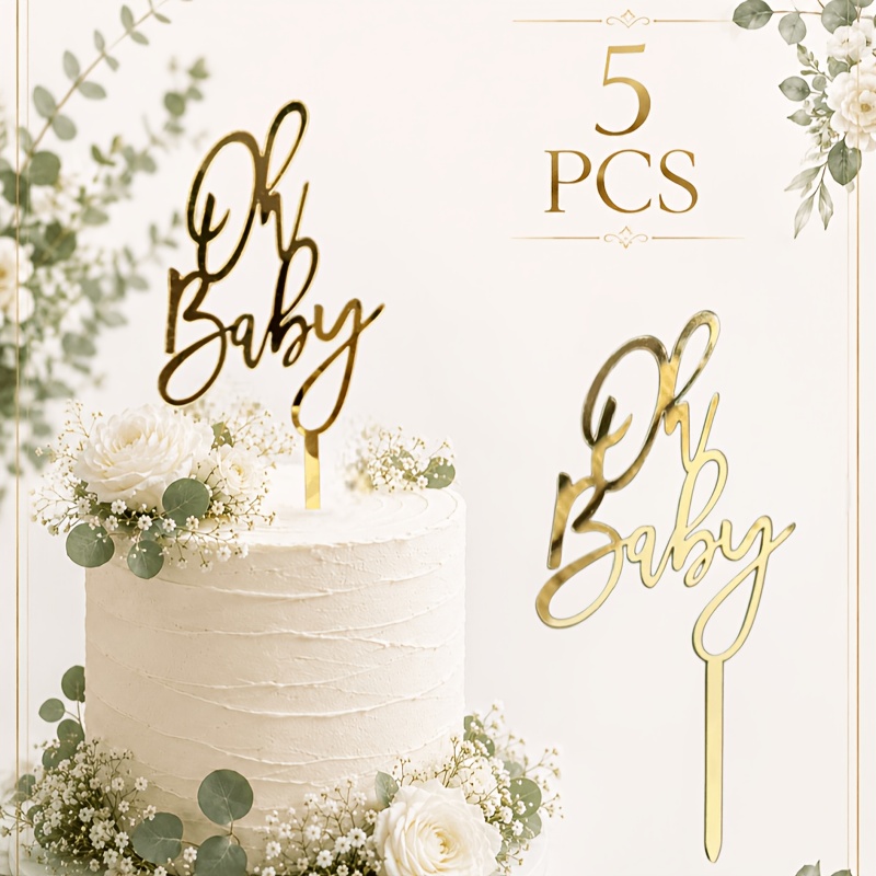 TEMU 5 Stück Oh Baby Goldener Spiegel Acryl-Kuchenaufsatz, Geschlechtsneutrale Babyparty-Kuchen-Dekoration, Willkommensparty für Neugeborene &