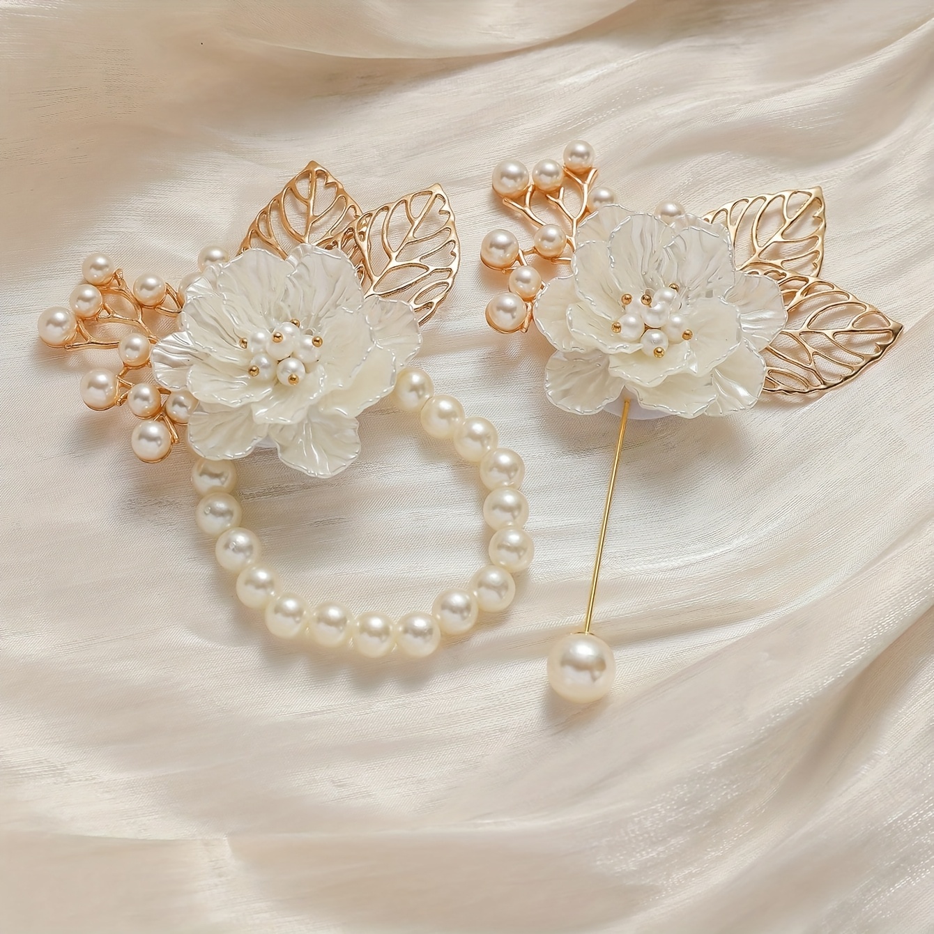 TEMU 2pcs White Shell-like Rose With Metal Alloy High-end Corsage And Wrist Flower Combination Suitable For Groom And Bride Wedding Engagement Wear,