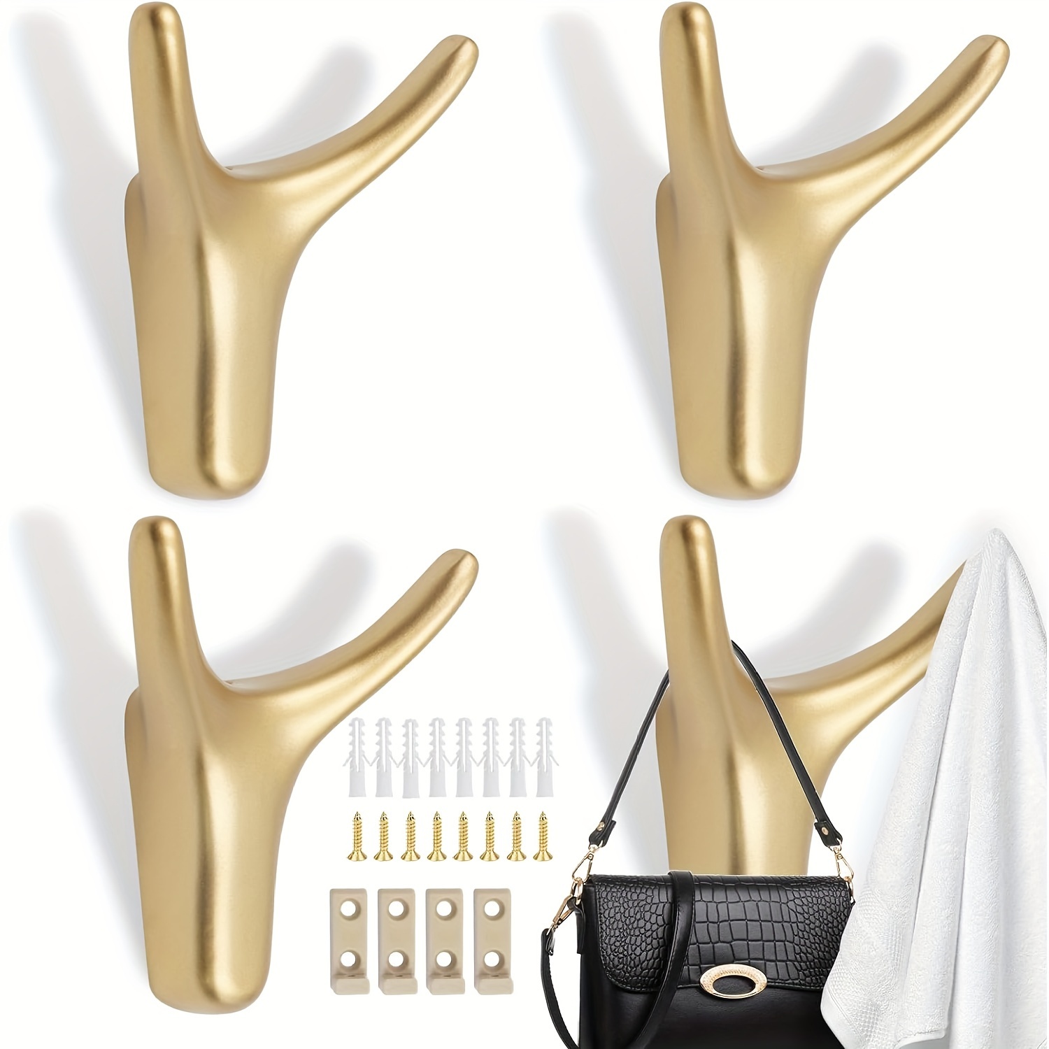 

A Pack Of 4 Golden Double-layer Hooks For The Bedroom, Kitchen, And Living Room, Including 8 Screws, 8 Expansion Tubes, And 4 Fixed Clips (in English: Bedroom Fixed Clips), Utility Hooks