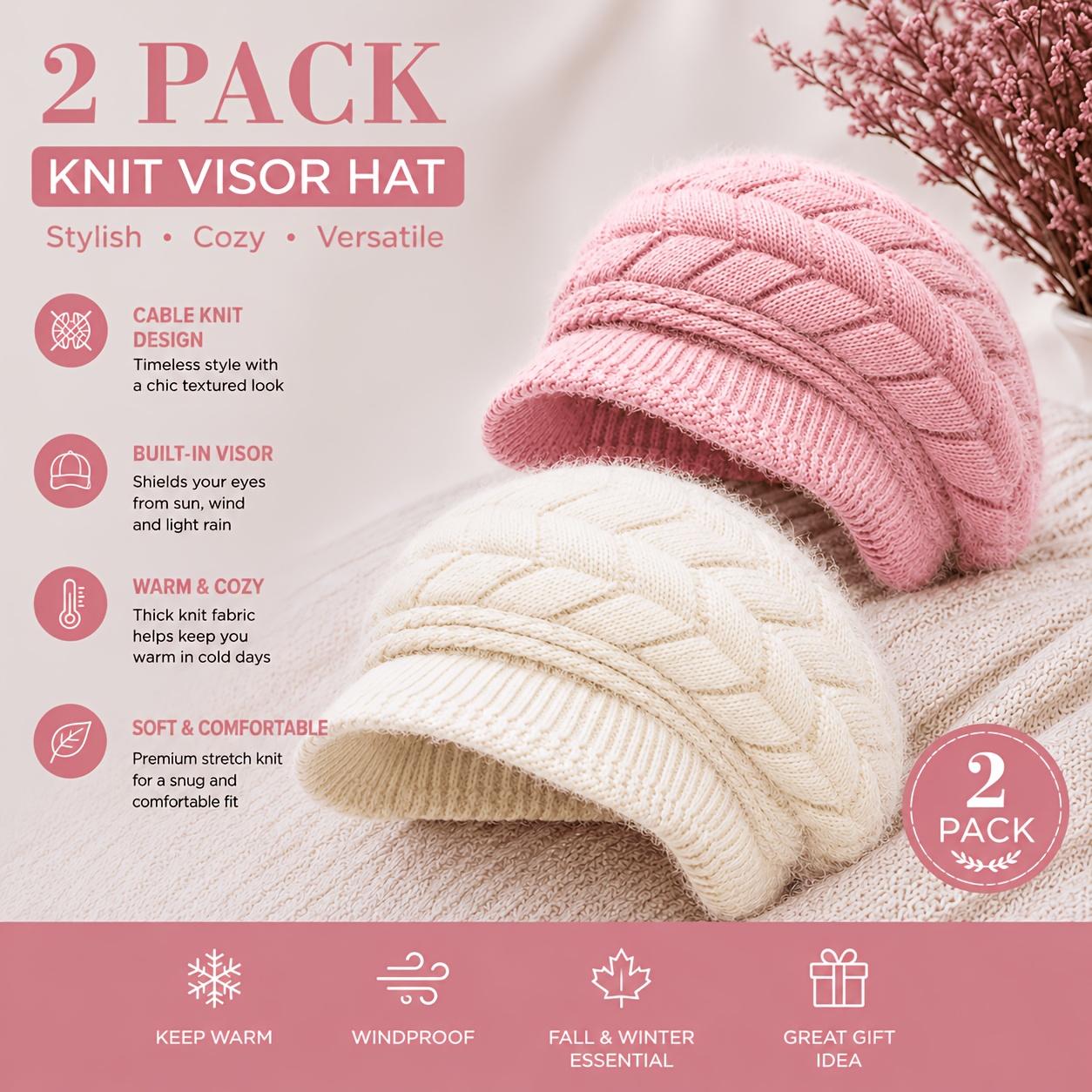 TEMU 2pcs Women's Winter Warm Hats, Cable-lined Vintage Newsboy Cap With Sun Visor, Windproof And Thermal Hat, Suitable For Outdoor Cycling And Daily