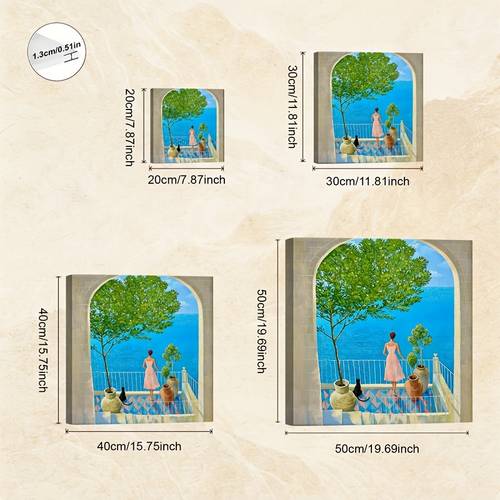 2d flat 2d flat posters prints 1pc framed canvas painting balcony scene in pink dress black cat potted trees pastel canvas wall wooden frame ready to hang