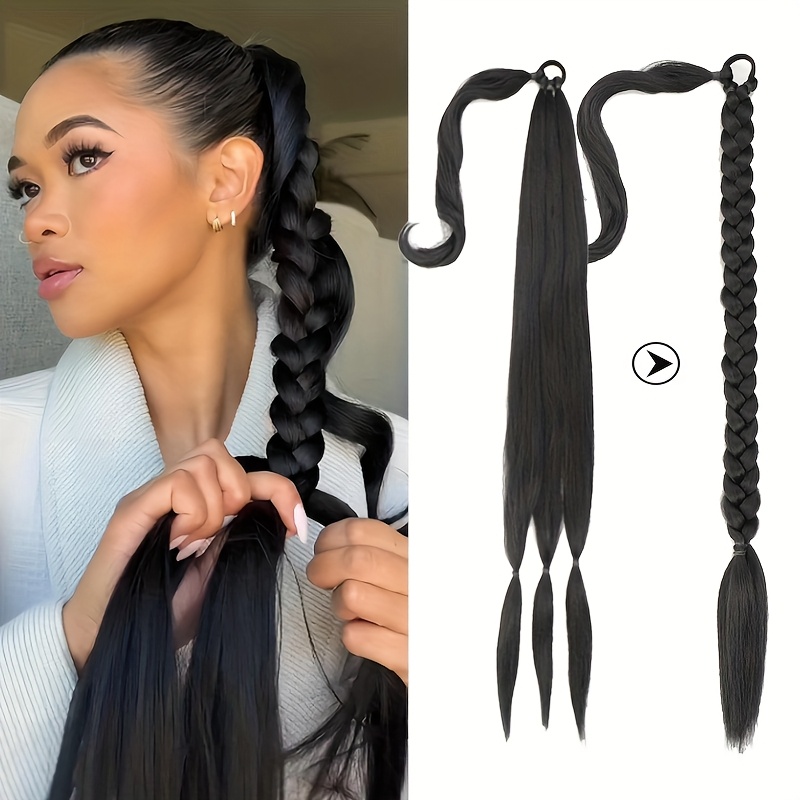 30 inch long braided ponytail extension with headband wrapped around braided ponytail hair extension synthetic ponytail details 0
