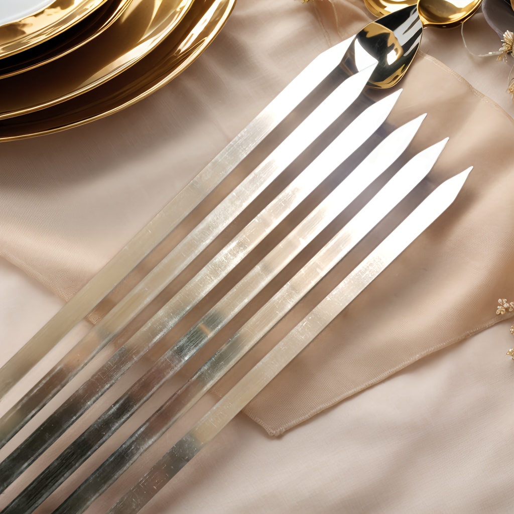 Image of 6pcs Wide Flat Stainless Steel Bbq Skewers No Wood Handle Heavy Duty Kebab Roasting Sticks Grill Reusable For Bbq Outdoor Camping Party Cooking