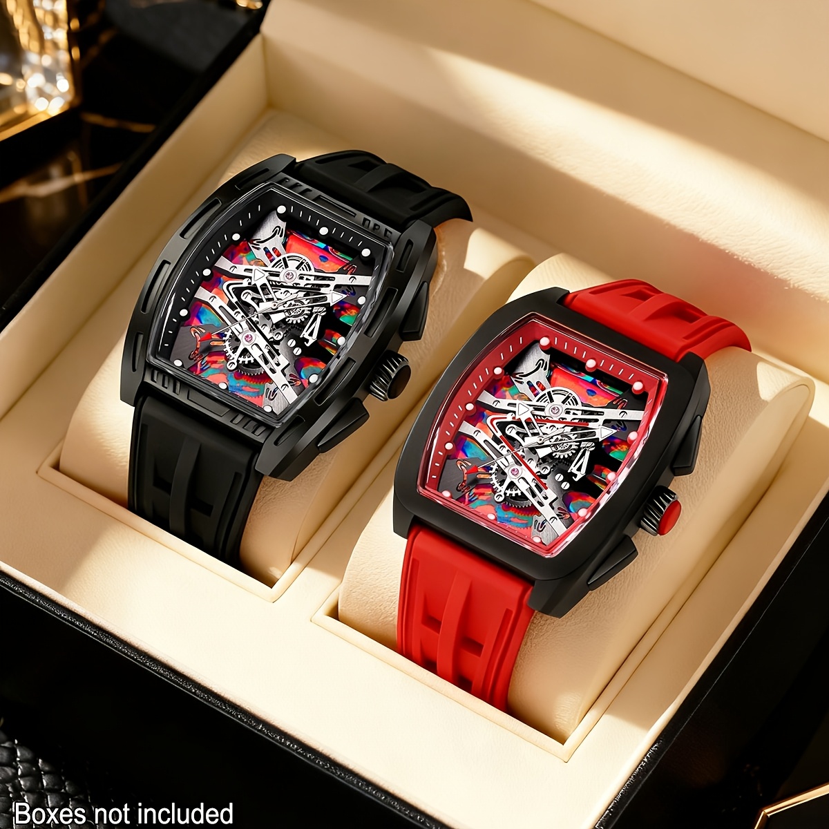 2pcs Men's Multifunctional Stylish Silicone Strap Quartz Watch Set, Suitable For Daily Wear, Parties, Valentine's Day, Easter, Christmas, New Year's Day, Halloween, Ramadan, And As Gifts For