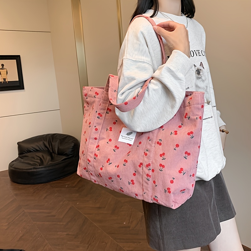 TEMU Women's Large Capacity Corduroy Tote Bag - Elegant Cherry Print & Closure, Soft Pastel Colors (lemon Yellow, , White, Pink, Lilac) - Durable