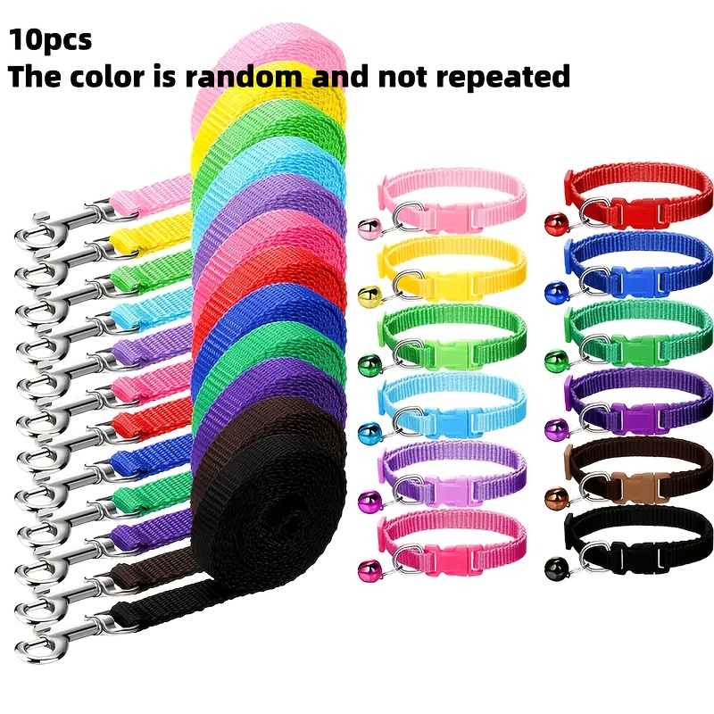 E-shop 10er-Pack Verstellbares Hunde Halsband und Leinen Set - Multicolor und Unifarben, Abnehmbare Glocke, Sicherheitsschnalle - Ideal für kleine bis