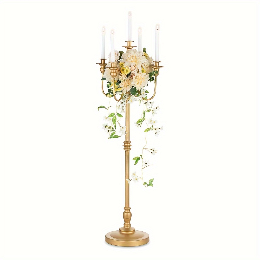 TEMU 1pc Golden Floor Candelabra, 48.8-inch 5-arm Tapered Metal Candelabra, Tall Flower Stand For Wedding, Birthday Party, Holiday Celebration