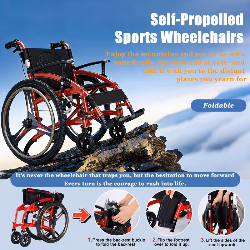 lightweight adult wheelchair self propelled 33lbs foldable aluminum manual wheelchair with adjustable footrests portable travel wheelchair 220lbs capacity Product details 1