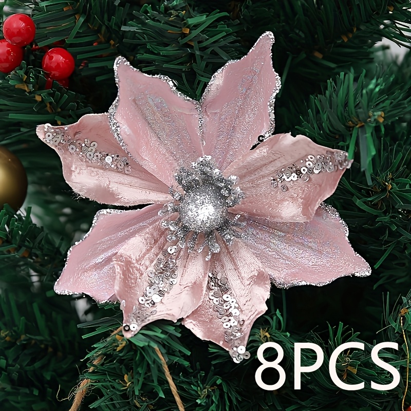 TEMU 8pcs 8pcs Pack Glitter Artificial Ornaments - Pink Fabric Hanging Poinsettia Suitable For Christmas Tree, Wreath, Wedding, New Year Decorations,