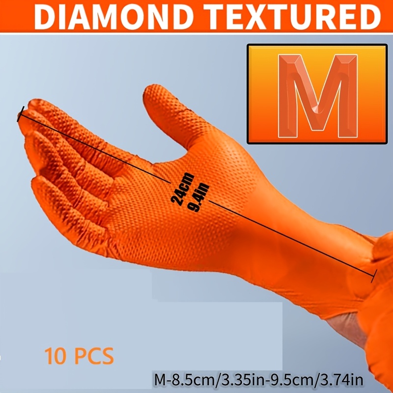 8g Disposable Orange Diamond-pattern Nitrile Gloves, 8 Mil Thick, Raised Diamond Texture, Powder-free and -free, Suitable for Automotive, Outdoor, Kitchen, and Household Cleaning Use