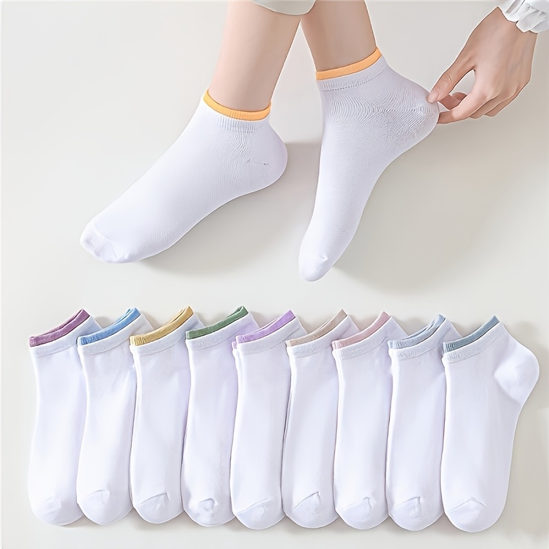 E-shop 10 Paar Damen Einfache Lässige Mode Weiße Socken mit Farbblock-Ankelsocken