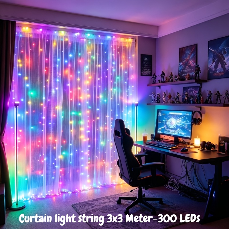 TEMU Led Curtain Lights - 300 Beads - Usb Waterfall String Lights With 8 Flashing And Multicolor Led Effects; Suitable For Bedrooms, Windows, Living