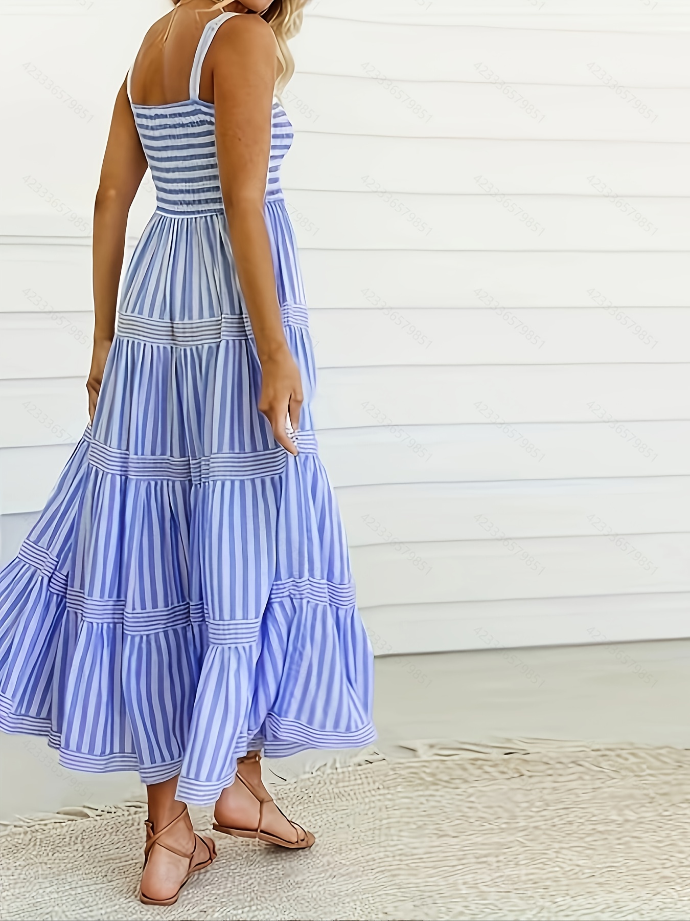 blue and white striped spaghetti strap dress Shona Joy Saxon Panelled Bustier Maxi Dress