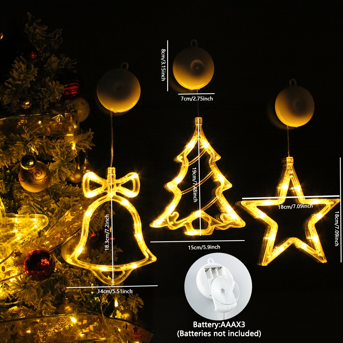 Weihnachts-Fensterlichter 5-teilig – Batteriebetrieben, Mit Timer, Saugnapf, Figuren: Stern, Hirsch, Glocke