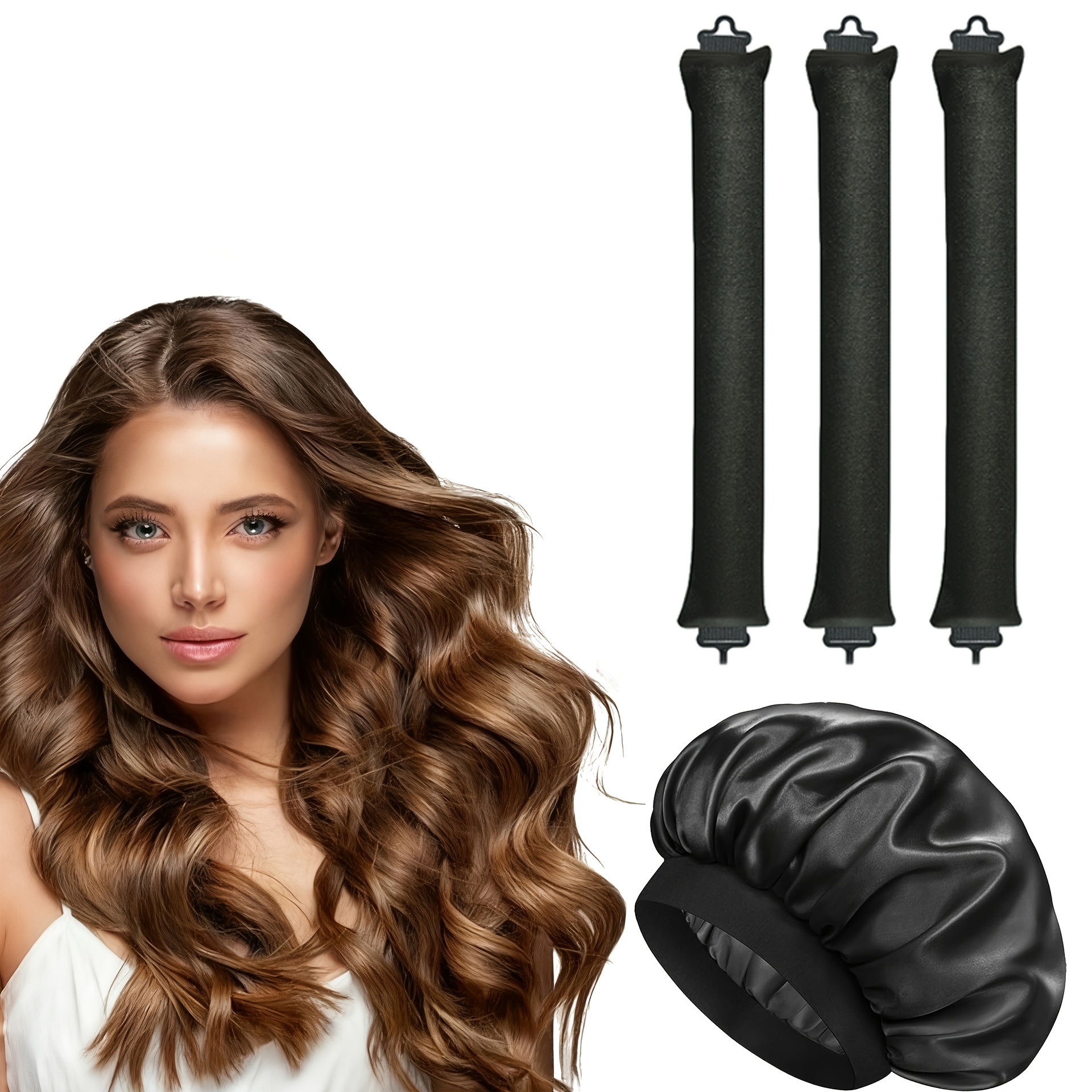 TEMU Ensemble de bigoudis chaleur pour femmes, 3 bigoudis manuels, 1 bonnet de nuit, outil de bouclage facile, créez des grandes effort, appareil de