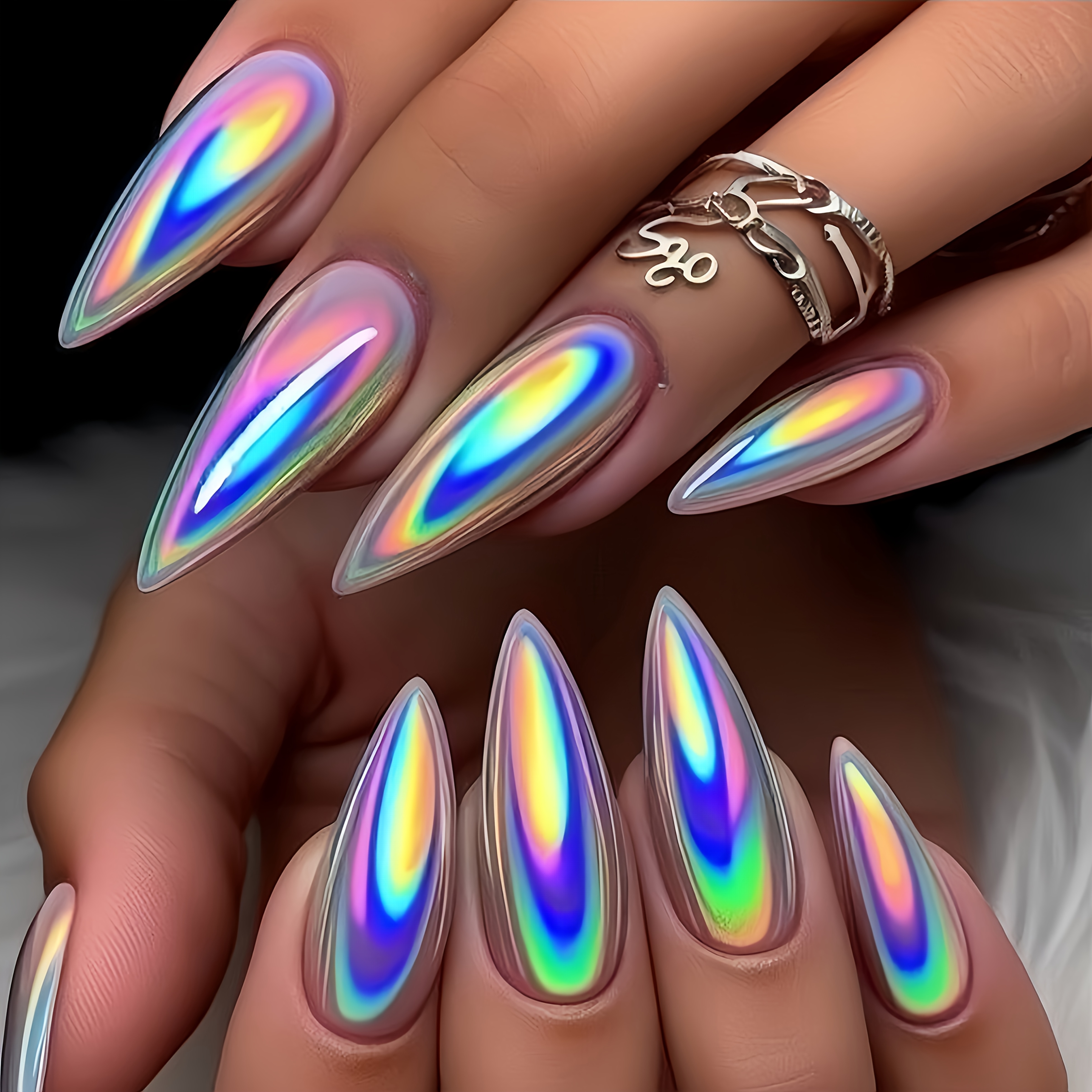 Image of 24pcs Multicolor Gradient Electroplated Nails, Long Almond Shape, Shiny Nail Sheets, Detachable Wearable Nails, Press-on Nails, Women's Nails, Gothic Nails, Artificial Nails