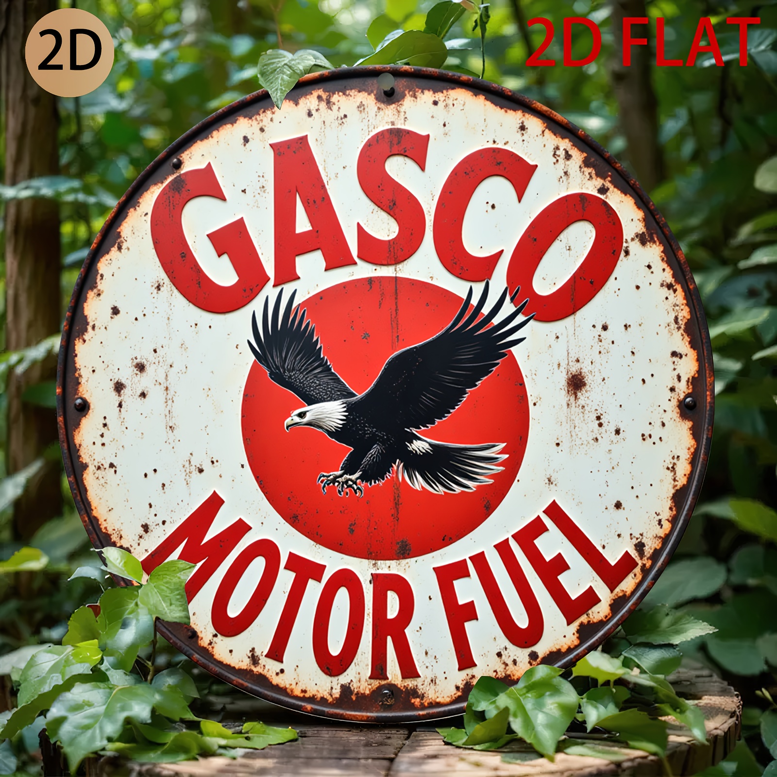 TEMU [2d Flat] A Round, Weathered Metal Sign Featuring The Gasco Motor Fuel Logo And An Eagle, Retro Garage Decor In A Home Or Café.
