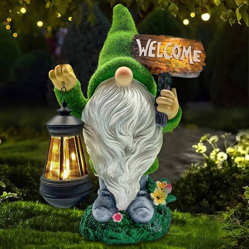 garden gnome statue outdoor decor large flocked resin gnome figurine with solar light holding lantern welcome sign garden yard decorations dwarf sculpture for outside patio porch lawn decor christmas decorations for home outdoor christmas lights