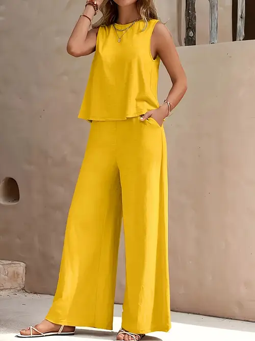 womens solid color round neck vest and wide leg pants set