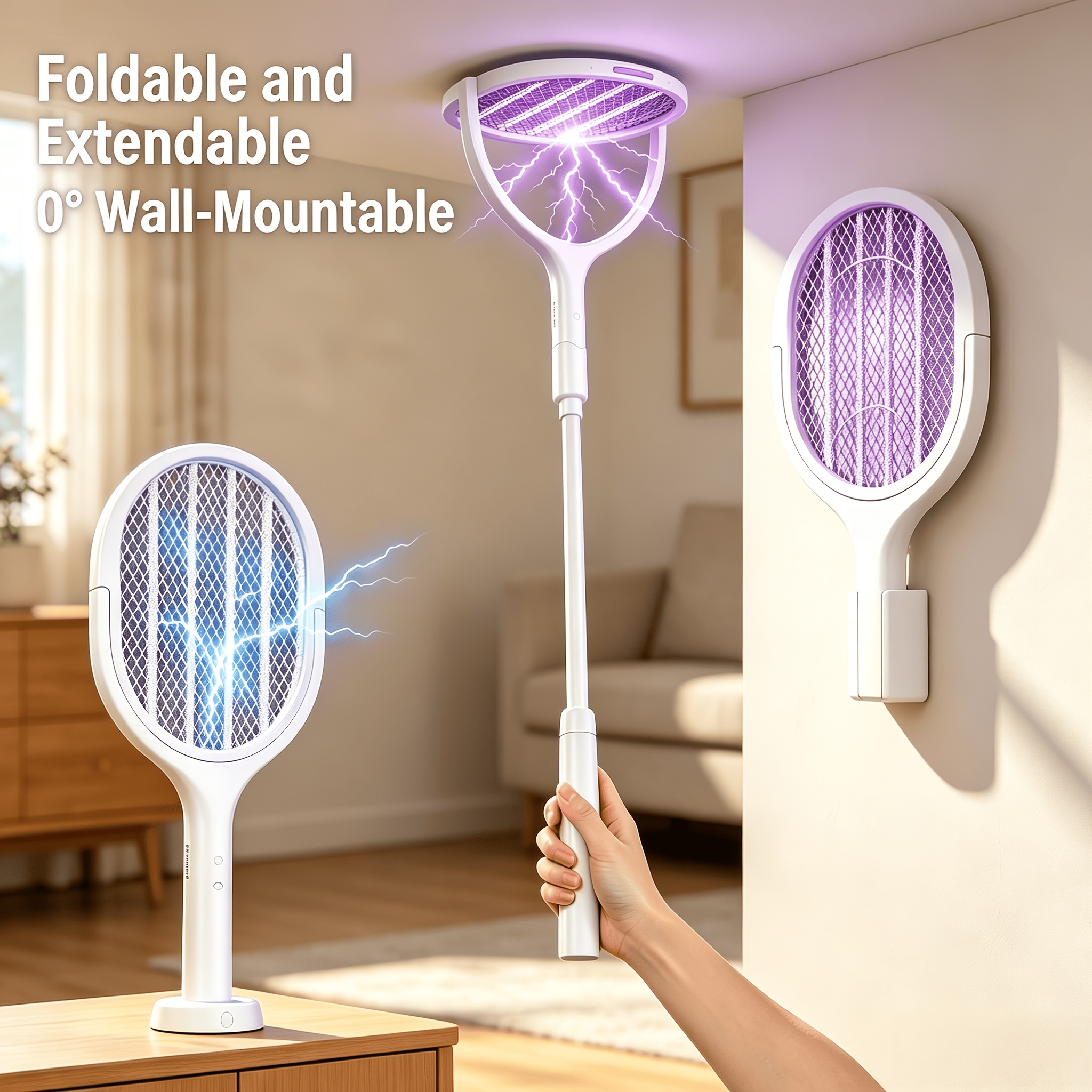 TEMU 2026 Upgraded 6-in-1 Rotating Portable Electric Swatter, Electric Swatter With Telescopic Extension Pole, 90° Rotating Grid For Wall Mounting,