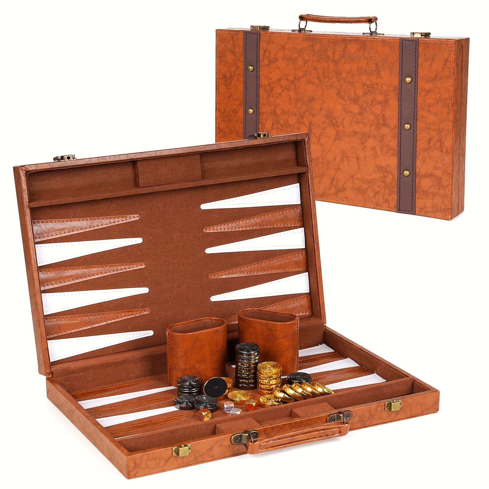 

Metal Backgammon Set For Adults With 15-inch Leather Backgammon Board, Metal Pieces And Dice - Portable Travel Backgammonand Secure Leather Case, Classic Strategy Board Game