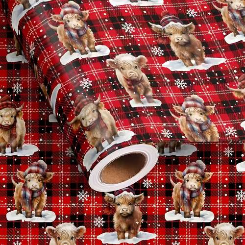 christmas highland cow gift wrapping paper roll 17x118 inch red snowflake design gift wrap for xmas presents party decor packaging paper