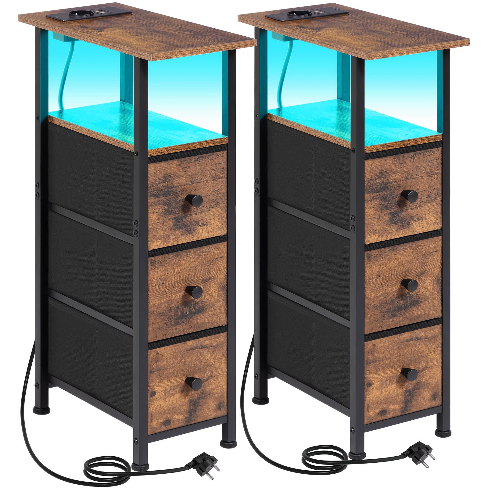 Image of Amhancible Living Room Side Tables, 2pcs Set With Charging Station; Narrow Side Table With Usb Port And Socket; Slim Bedside Table With 3 Fabric Drawers, Suitable For Bedrooms And Small Spaces.