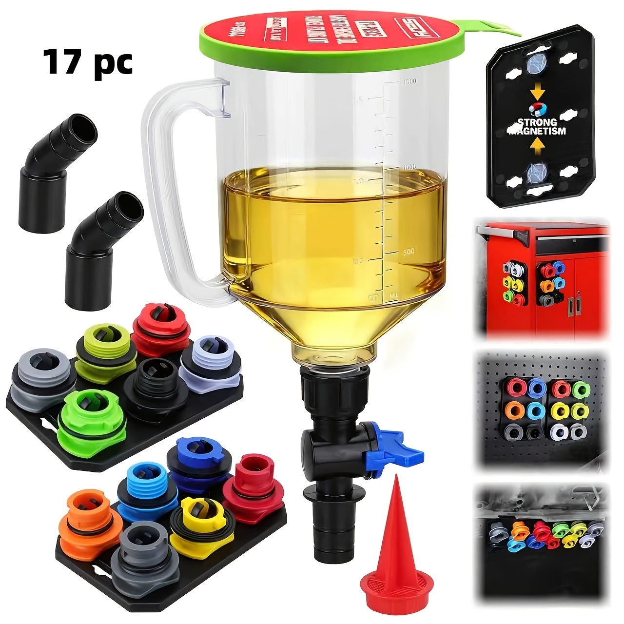 TEMU 17pcs Engine Oil Funnel Set, 1.36 Qt Automotive Oil Funnel Kit With 12 Adapters, Elbow Fitting, Arrow Screen And Magnetic Storage Hooks Tray,