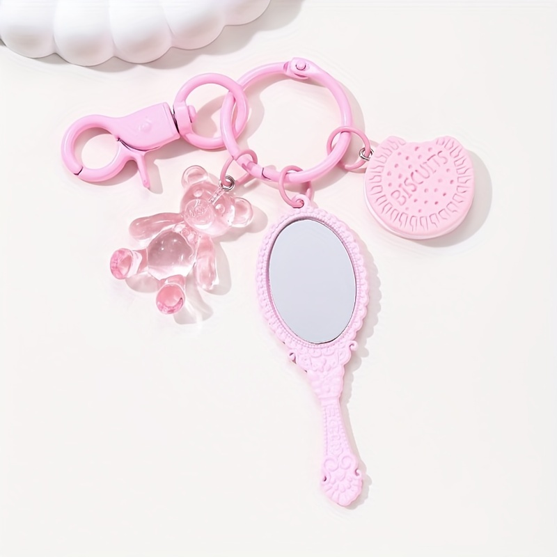 

Chic Pink Handheld Makeup Mirror Keychain With Acrylic Bear & Cookie Charm - Vintage-inspired Fashion Accessory For Women, Perfect Gift For