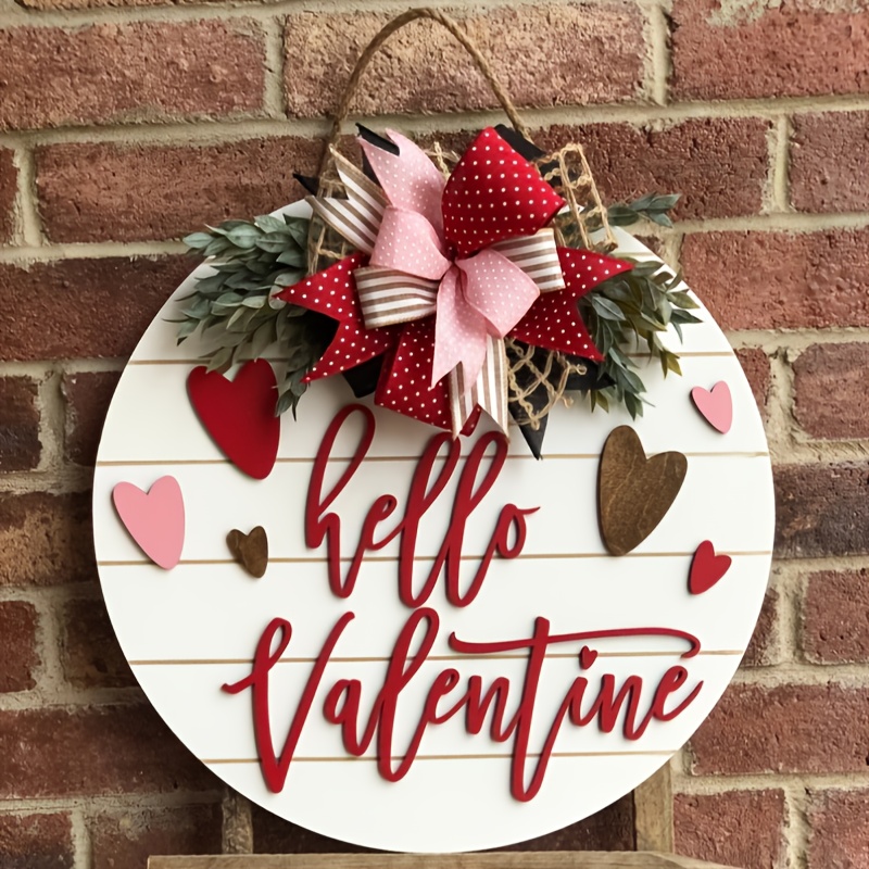 

1pc Vintage Wooden Hello Valentine's Day Wreath - Round 3d Front Door Hanging Decor, Farmhouse Style Porch Sign For Valentine's Day Celebration, No Electricity Needed