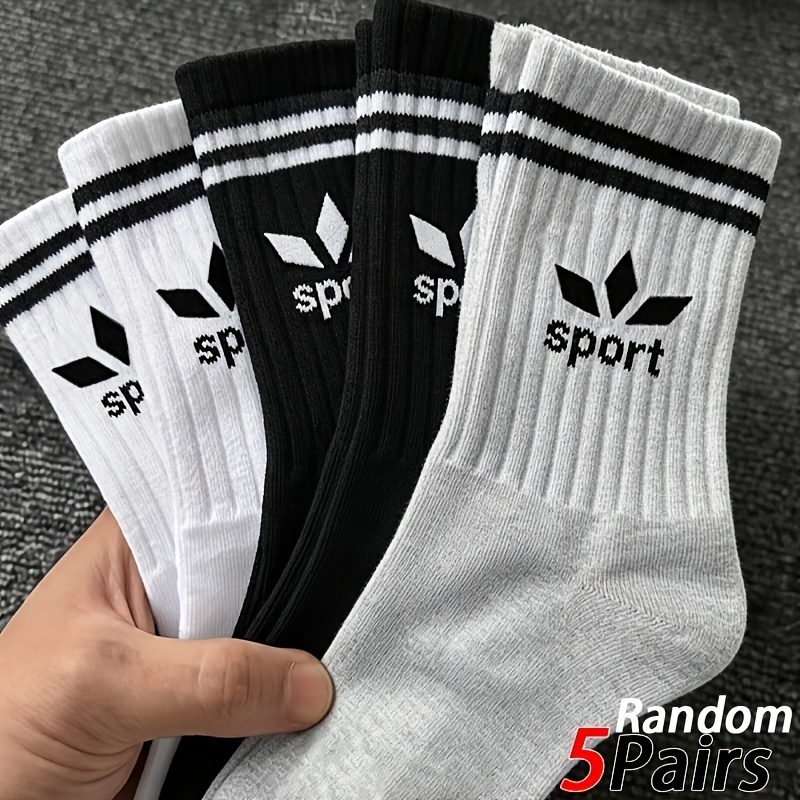 TEMU 5 Pairs Random Mid-calf Socks - Lettered Double-stripe Trendy Socks Unisex Black White Gray Breathable Comfortable Athletic Socks