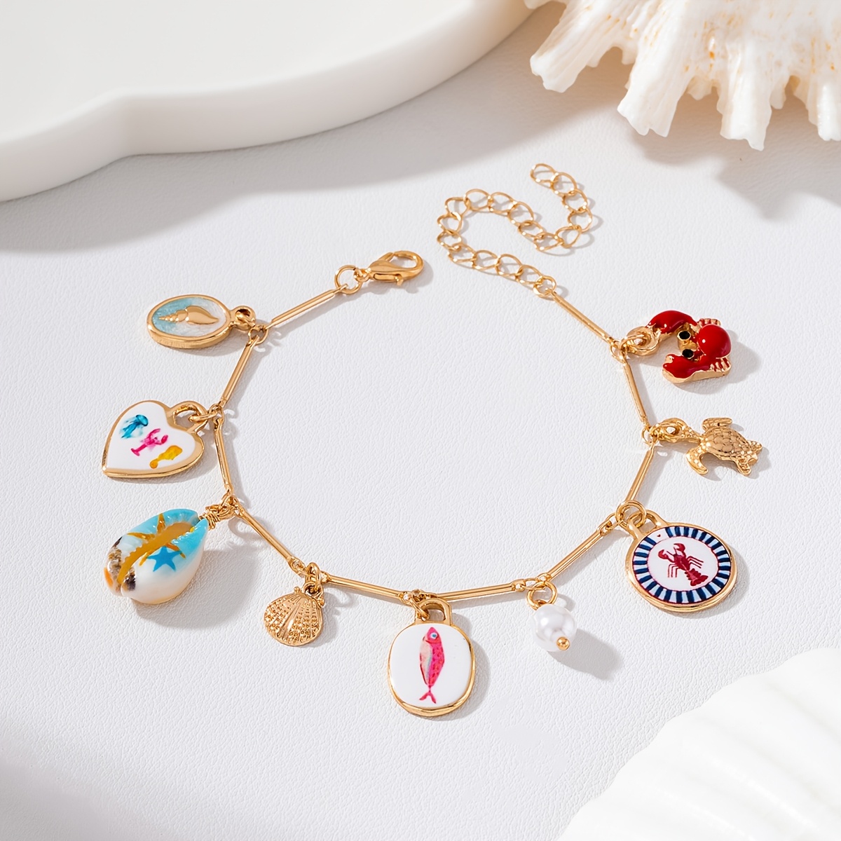 TEMU 1pc Fashion Bohemian Beach Style Alloy Printed Pendant Bracelet Suitable For Women's Vacation Beach Seaside Best Friend Gift Wear