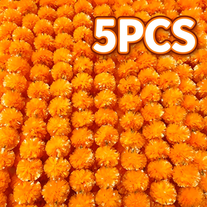 TEMU 5-pack Artificial Marigolden Flower Garlands, 1.5m/4.9ft Pe Plastic Flower String, Reusable Waterproof Garland For Diwali, , Wedding, Party Home
