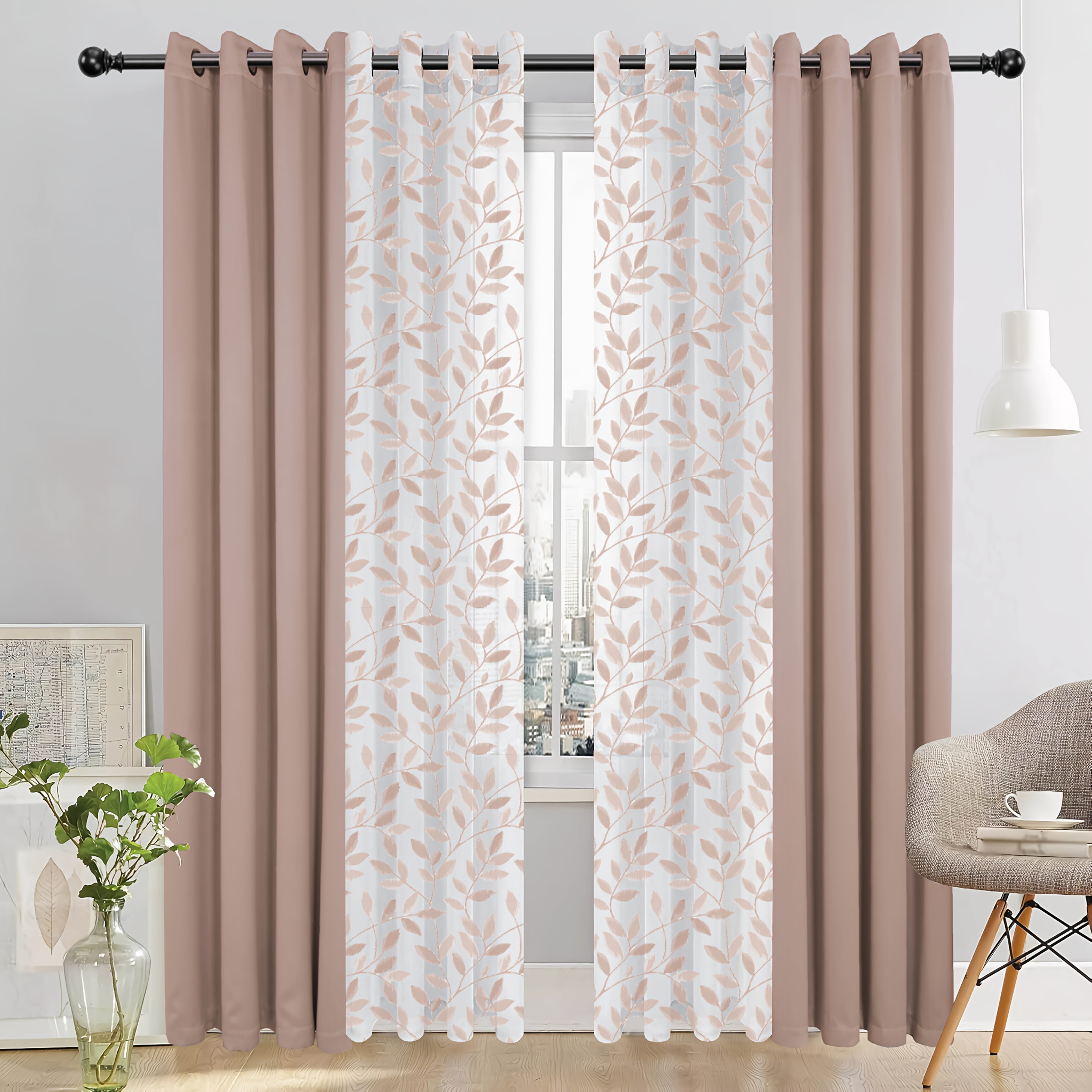 Elegant 4pcs Blackout Curtain Set with Spring Leaf Print