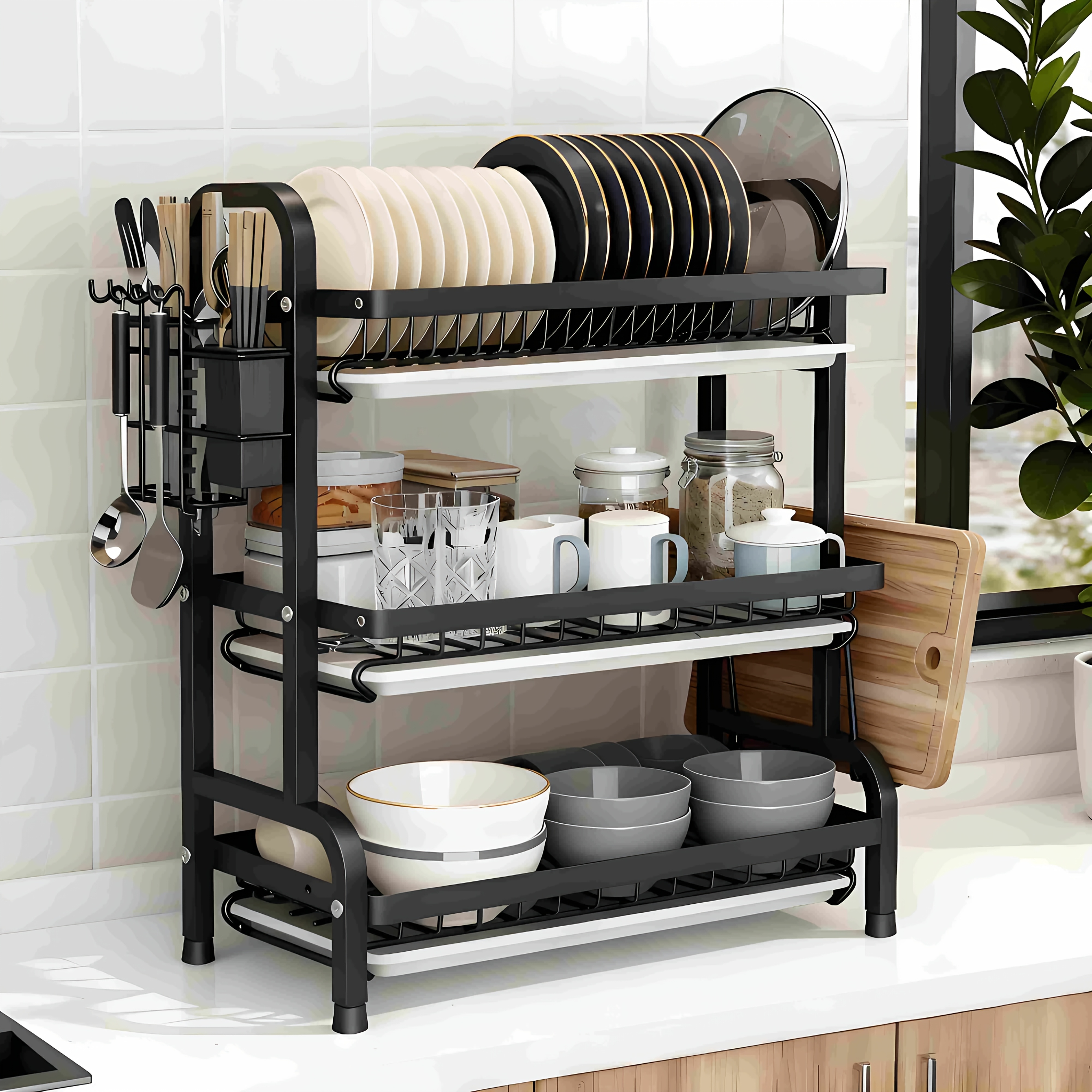 Three-layer Bowl And Dish Storage Rack, Kitchen Multi-functional Storage Rack, Bowl And Chopstick Storage Box, With Drip Tray And Cutlery/chopping Board Holder, Bowl And Dish Storage Rack